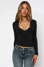 Brown Lace Trim Long Sleeve Top for Women Woman T Shirts