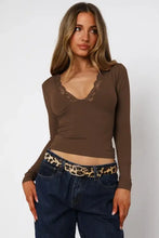 Brown Lace Trim Long Sleeve Top for Women Woman T Shirts