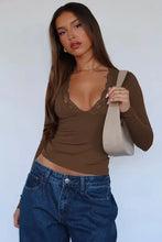 Brown Lace Trim Long Sleeve Top for Women Woman T Shirts