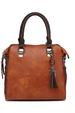Brown PU leather bag set with dark handles and tassel charm