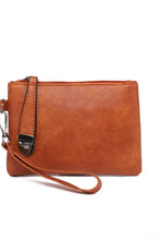 Brown leather bag set wristlet with zipper, adjustable strap, dark handles, tassel