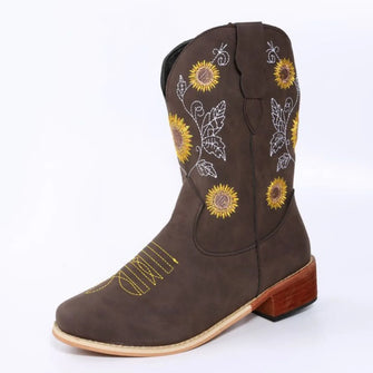 Brown Leather Cowboy Boots with Sunflower Embroidery for Women Chocolate