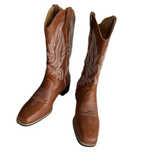 Brown Leather Embroidered Cowboy Boots for Women with White Stitching