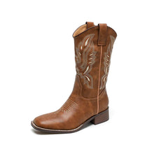 Brown Leather Embroidered Cowboy Boots for Women with White Stitching Brown