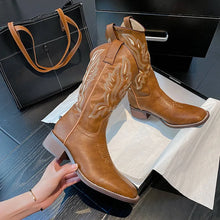 Brown Leather Embroidered Cowboy Boots for Women with White Stitching