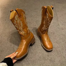 Brown Leather Embroidered Cowboy Boots for Women with White Stitching