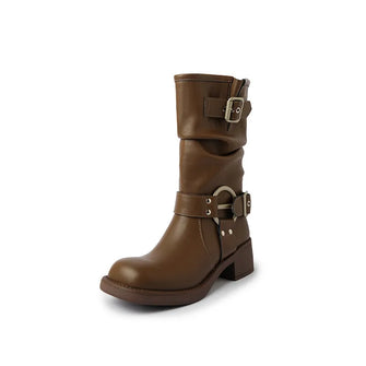 Brown Leather Mid-Calf Round Toe Buckle Boots for Women Brown