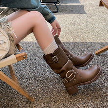 Brown Leather Mid-Calf Round Toe Buckle Boots for Women