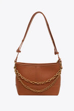 Brown PU leather shoulder bag with gold chain accents