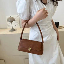 Brown PU leather shoulder bag with gold-tone clasp