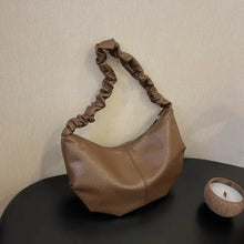 Brown PU leather shoulder bag with ruched strap
