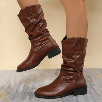 Brown Leather Slouch Mid Calf Boots for Women Brown