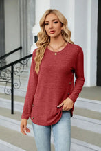Brown Long Sleeve Round Neck Buttoned Casual Top for Women Deep Red Woman T Shirts