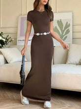 Brown Maxi Dress with Belt and Stretch Fabric Maxi Dresses