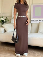Brown Maxi Dress with Belt and Stretch Fabric Maxi Dresses