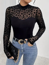 Brown Mesh Top with Heart Pattern and Sheer Sleeves Woman T Shirts