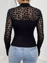 Brown Mesh Top with Heart Pattern and Sheer Sleeves Woman T Shirts