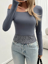 Brown One Shoulder Long Sleeve Lace Trim Top Dusty Blue Woman T Shirts