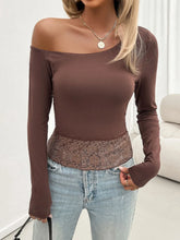 Brown One Shoulder Long Sleeve Lace Trim Top Brown