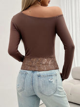 Brown One Shoulder Long Sleeve Lace Trim Top