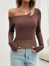 Brown One Shoulder Long Sleeve Lace Trim Top Woman T Shirts