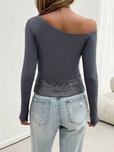 Brown One Shoulder Long Sleeve Lace Trim Top Woman T Shirts