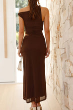 Brown One-Shoulder Maxi Dress with Purse and Heels Set