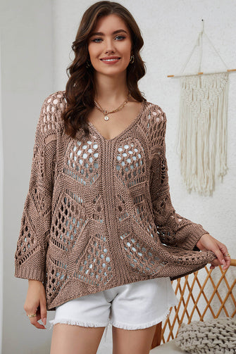 Brown Open-Knit Sweater with Long Sleeve Length Camel