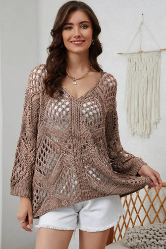 Brown Open-Knit Sweater with Long Sleeve Length Camel Sweater Pullovers