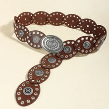 Brown oval PU belt with silver buckle and studded embellishments