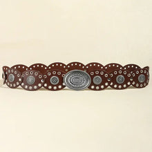 Brown oval PU belt with silver buckle and studded embellishments