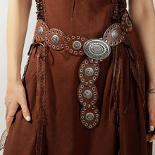 Brown oval PU belt with silver buckle and studded embellishments