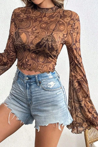 Brown Paisley Mesh Crop Top for Women Brown