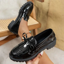 Black patent leather round toe block heels loafers with bow detail
