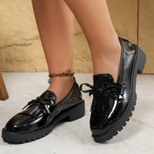 Black patent leather round toe block heels loafers with fringe and bow