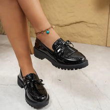 Black patent leather block heels loafers with bow detail
