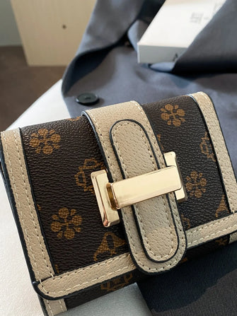 Brown Patterned Mini Wallet with Gold Clasp and Black Interior Khaki One Size