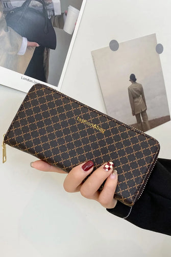 Brown Patterned PU Leather Wallet with Gold Zipper Coffee Brown One Size