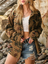 Brown Patterned Sherpa Fleece Shirt Jacket for Women