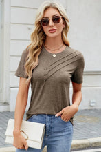 Brown Pleated Womens T-Shirt with Decorative Button