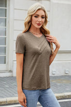 Brown Pleated Womens T-Shirt with Decorative Button