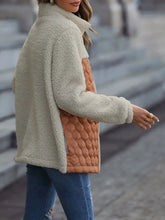 Beige teddy bear coat with orange quilted vest, high collar, and sleeve length options