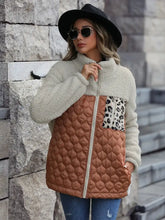 Brown Quilted Faux Fur Jacket with Leopard Print Pocket and Sleeve Length Options