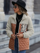 Brown quilted faux fur jacket in beige and brown with leopard print pocket and sleeve length options