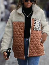 Brown Quilted Faux Fur Jacket with Leopard Print Pocket and Sleeve Length Options