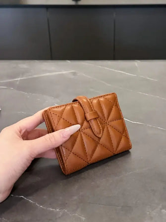 Brown Quilted PU Leather Mini Wallet with Strap Ochre One Size Wallets