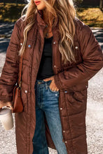 Brown quilted puffer coat with fur trim, belt, buttons, and pockets