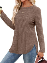 Brown Ribbed Knit Long Sleeve Top for Women
