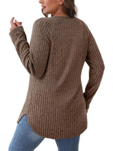 Brown Ribbed Knit Long Sleeve Top for Women