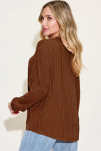 Brown Ribbed Knit Top Regular Size Long Sleeve Sweater for Women